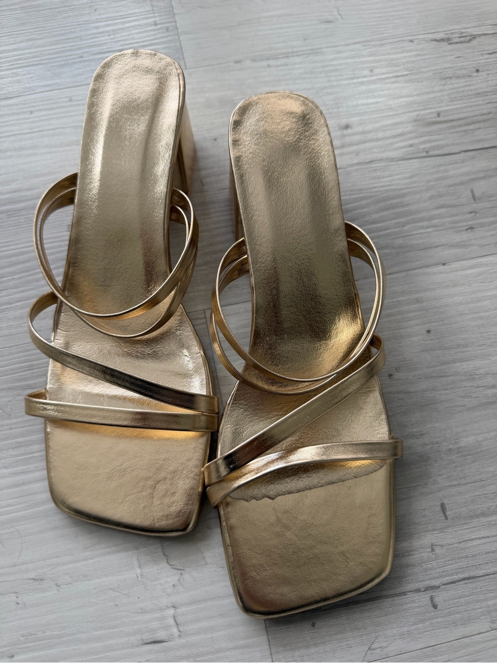 Metallic Gold Strappy Square-Toe Block Heel Sandals